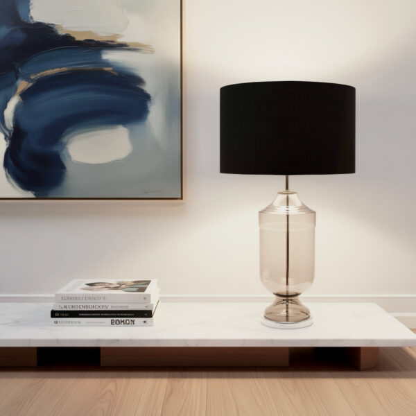 LLT Okee Black Table Lamp with smoked glass base and black shade