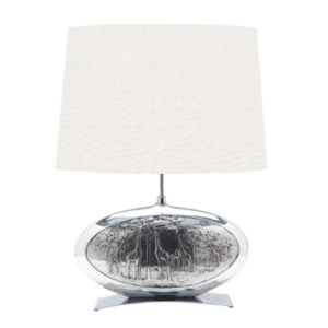 LLT Riff Raff White Table Lamp with African chrome sculptural base and white textured oval shade