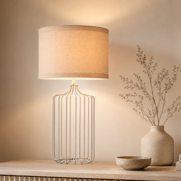 LLT Rhys white table lamp with wire metal base