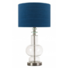 Clear glass table lamp with blue drum shade
