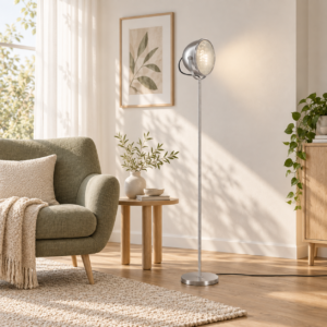 LLF Beama Floor Lamp with brushed nickel base and retro bowl shaped opal glass shade
