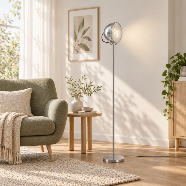 LLF Beama Floor Lamp with brushed nickel base and retro bowl shaped opal glass shade