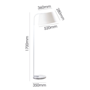 LLF Joii Marble White floor lamp featuring curved white metal arm and clean white round tapered shade