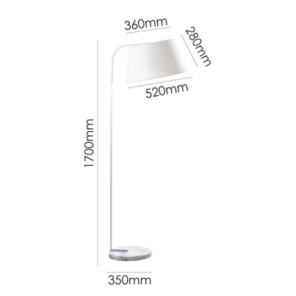 LLF Joii Marble White floor lamp featuring curved white metal arm and clean white round tapered shade