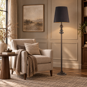 LLF Kingston Floor Lamp with graphite and greystone ornate base and grey lined tapered shade