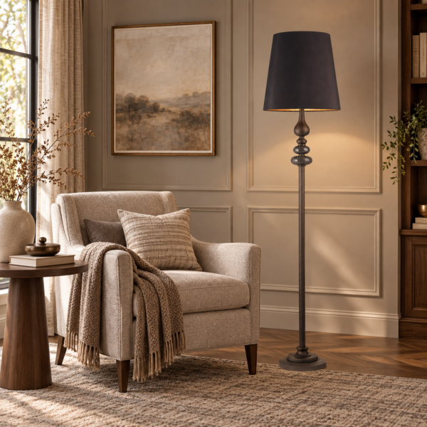 LLF Kingston Floor Lamp with graphite and greystone ornate base and grey lined tapered shade