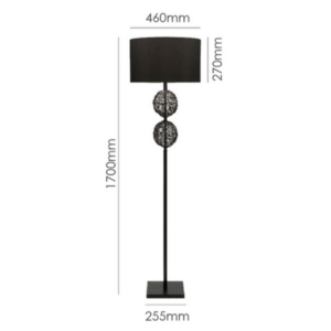 LLF Pippa floor lamp featuring intricately woven black rattan spheres and grey fabric shade