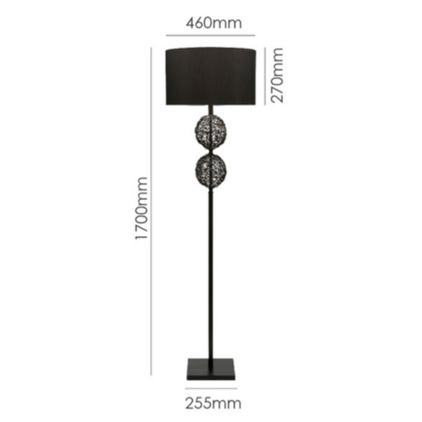 LLF Pippa floor lamp featuring intricately woven black rattan spheres and grey fabric shade