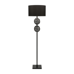 LLF Pippa Floor Lamp with black rattan double ball base and grey textured drum shade