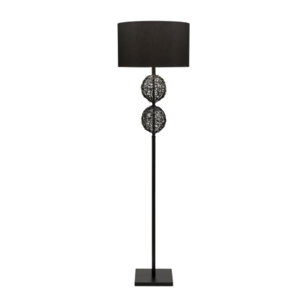 LLF Pippa Floor Lamp with black rattan double ball base and grey textured drum shade
