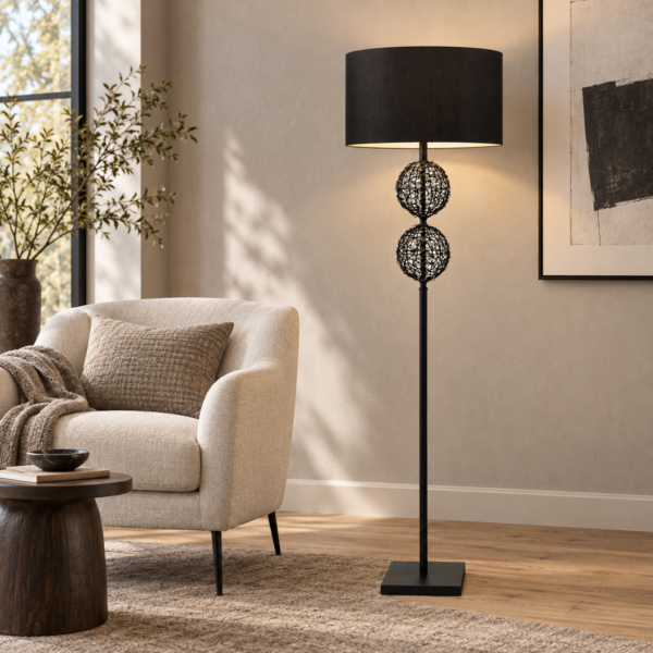 LLF Pippa Floor Lamp with black rattan double ball base and grey textured drum shade