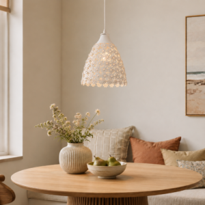 LLP Belle Pendant Light styled in a soft romantic bedroom interior with white and neutral tones