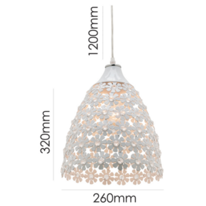 LLP Belle Pendant Light with white painted metal daisy flowers over clear glass dome shade on clear cord suspension against white background