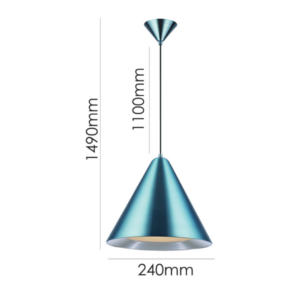 LLP Mineral Blue pendant light close up showing spun mineral blue metal cone shade surface and brushed silver inner finish