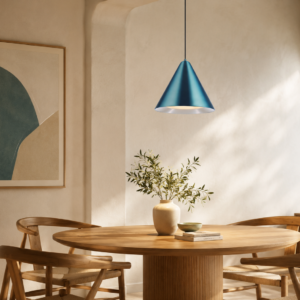 LLP Mineral Blue Pendant Light styled over kitchen bench in bright contemporary interior with bold colour accent