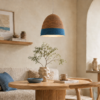 LLP Salem Blue Pendant Light styled in a coastal bedroom interior with natural textures and warm lighting