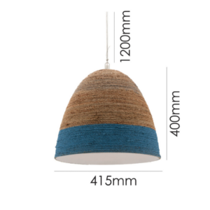 LLP Salem Blue Pendant Light with brown twine dome shade and blue painted base on clear cord suspension against white background