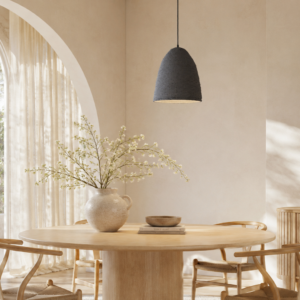 LLP Salem Shadow Pendant Light with grey painted hemp rope dome shade and black cord suspension