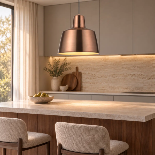 LLP Tikka Almond Pendant Light styled over kitchen bench in warm contemporary interior with copper accent tones