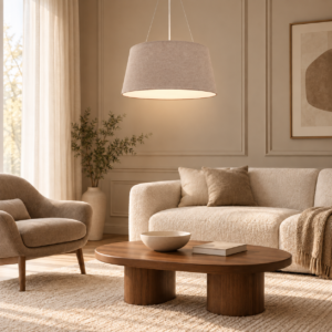 LLP Tripoli Coffee 5LT Pendant Light styled over large dining table in warm neutral contemporary interior setting