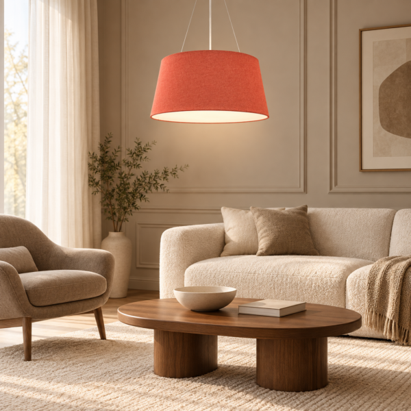LLP Tripoli Orange 5LT Pendant Light styled over large dining table in contemporary interior as warm orange colour statement