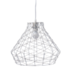 LLP Trix 1 Pendant Light with white painted metal wire diamond faceted frame and woven white heatproof string on clear cord against white background