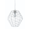 LLP Trix 2 Pendant Light with white painted metal wire faceted globe frame and woven white heatproof string on clear cord against white background