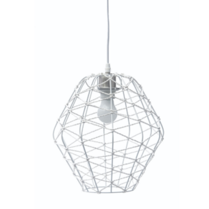 LLP Trix 2 Pendant Light with white painted metal wire faceted globe frame and woven white heatproof string on clear cord against white background
