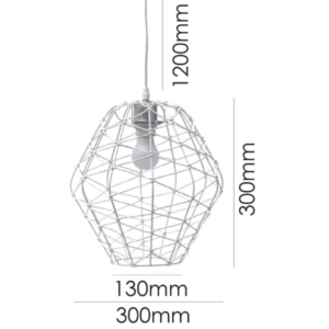 LLP Trix 2 pendant light close up showing white painted metal wire faceted globe frame with interwoven white heatproof string pattern