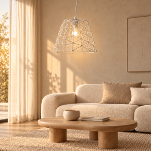 LLP Trix 3 Pendant Light styled in a bright coastal bedroom interior with white and neutral tones