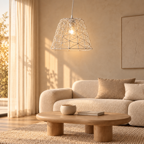 LLP Trix 3 Pendant Light styled in a bright coastal bedroom interior with white and neutral tones