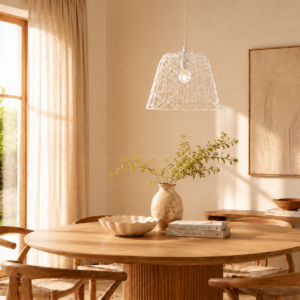 LLP Trix 3 Pendant Light styled in a bright coastal bedroom interior with white and neutral tones