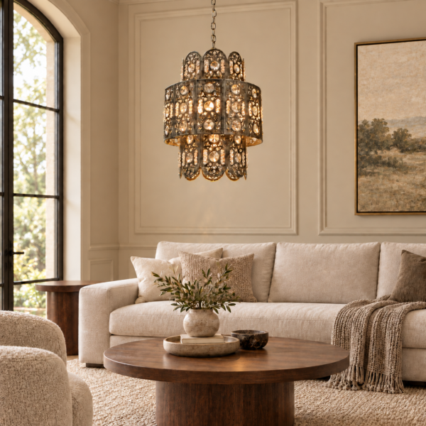 LLP Winston 7LT Pendant Light styled as grand centrepiece in elegant neutral living room interior with warm ambient lighting