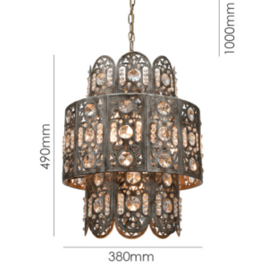LLP Winston 7LT pendant light close up of lower scalloped tier showing crystal detail and warm gold inner glow
