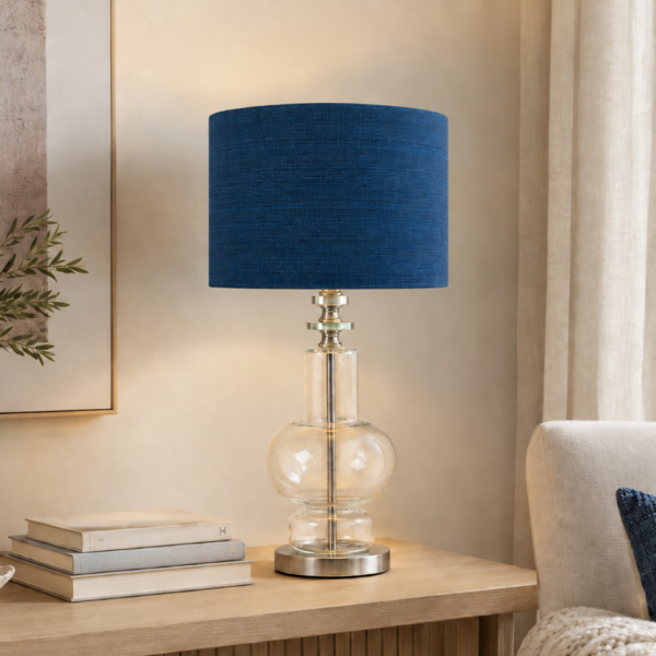 LLT Release fibre blue table lamp with clear glass base