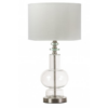 LLT Release White table lamp on white background with clear glass base and white drum shade