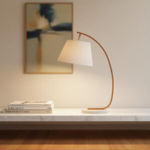 Curved timber table lamp with cement base