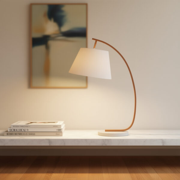 Curved timber table lamp with cement base