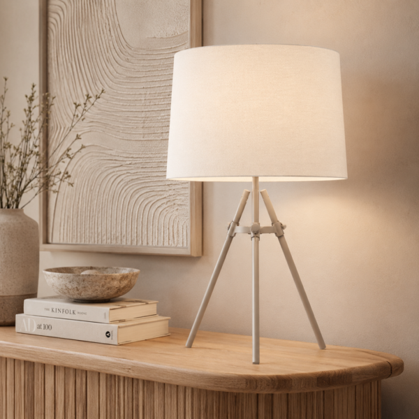 LLT Tripoli Nickel White table lamp styled on a bedside table in a modern interior