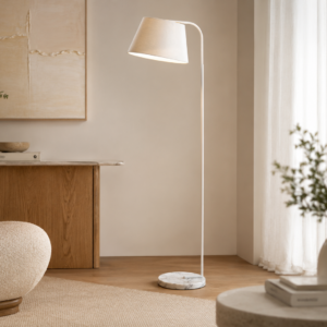 Marble White Floor Lamp with marble base and white painted metal arm and tapered shade