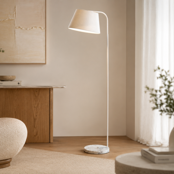 Marble White Floor Lamp with marble base and white painted metal arm and tapered shade