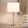 LLT Release White table lamp with clear glass base, brushed nickel detail and white drum shade
