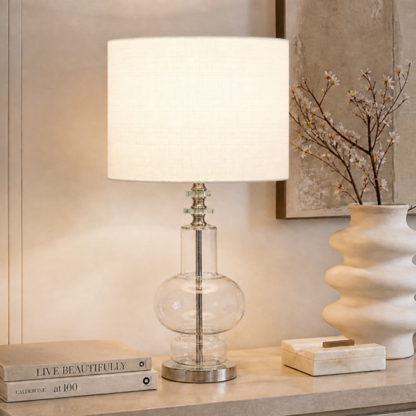 LLT Release White table lamp with clear glass base, brushed nickel detail and white drum shade