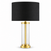 LLT Empire Black Table Lamp close up of warm brass finish collar connecting glass cylinder base to black linen drum shade