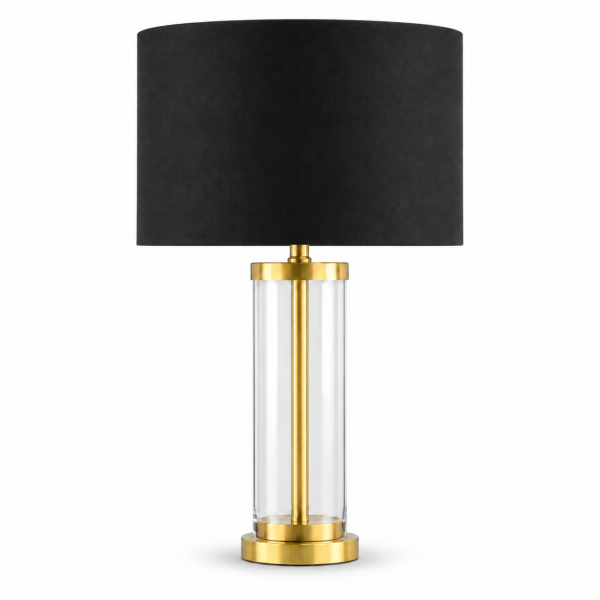 LLT Empire Black Table Lamp close up of warm brass finish collar connecting glass cylinder base to black linen drum shade