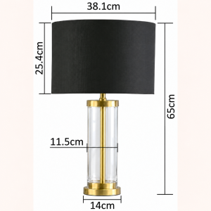 LLT Empire Black Table Lamp close up showing clear glass cylinder base and warm brass finish metal accent detail
