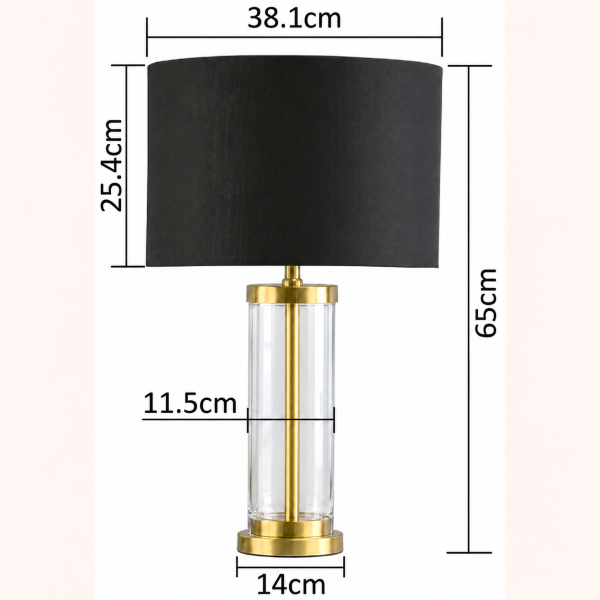 LLT Empire Black Table Lamp close up showing clear glass cylinder base and warm brass finish metal accent detail