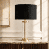 LLT Empire Black Table Lamp with brass finish and glass cylinder base and bold black linen drum shade
