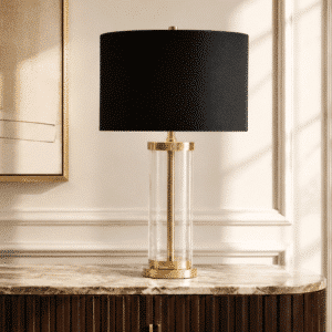 LLT Empire Black Table Lamp with brass finish and glass cylinder base and bold black linen drum shade