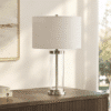 LLT Empire White Table Lamp with silver nickel and glass cylinder base and off-white drum shade